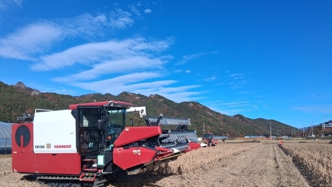 진안군, 첨단 범용 콤바인 활용... 논콩 수확